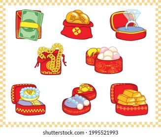 Auspicious gifts with very high value, both diamonds and gold, in boxes and red envelopes. Used on special days such as Chinese New Year, birthdays, wedding anniversaries.