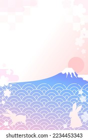 Espectacular patrón japonés, tarjeta de Año Nuevo del Monte Fuji y la ola azul del mar 2023 Conejo