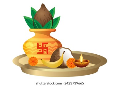 auspicious kalash and pooja thali in hindu culture and tradition vector