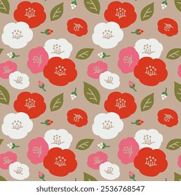 Auspicious motifs and Japanese patterns: A simple and cute seamless pattern of camellias