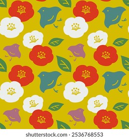 Motivos auspiciosos e padrões japoneses: Um arranjo simples e bonito de camélias e houndstooth padrões sem emenda