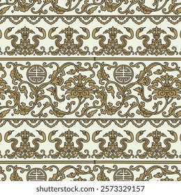 Auspicious Traditional Chinese Asian Elements with Snake Sign Seamless Vector Pattern, Gold Mocha Color, Happy Chinese New Year 2025 