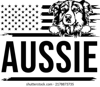 Aussie Austrailian shepherd Dog EPS VECTOR USA patriotic theme flag