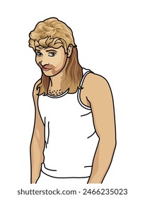 Aussie Bogan Male Guy with mullet hair style in white singlet blond brown hair pulling face illustration