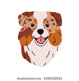 Aussie breed, Australian shepherd dog avatar. Cute puppy head, canine animal portrait. Herding doggy, adorable happy pup, funny muzzle. Flat graphic vector illustration isolated on white background