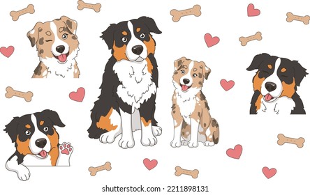 Aussie dogs sticker pack set of icons cartoon portraits