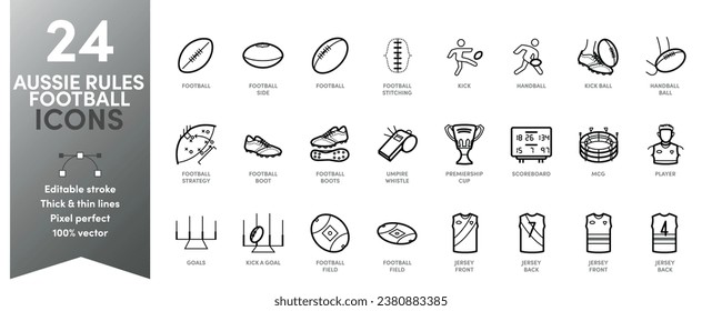 Aussie Rules Football Icon Set. Editable stroke with thick and thin stroke weights. Perfect for logos, stats and infographics. Change the thickness of the line in any vector capable app.