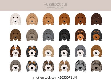 Aussiedoodle clipart. Pastor australiano Poodle mix. Diferentes cores de casaco definido.  Ilustração vetorial
