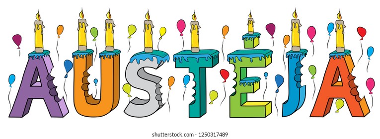 Austeja female first name bitten colorful 3d lettering birthday cake with candles and balloons.