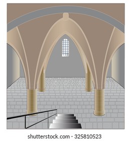 Austere, history dungeon in the basement with arches, stone floor of a small barred window and metal staircase