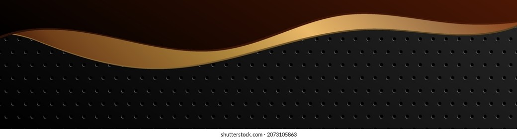 Austere, trendy perforated dark background with a golden wave. Stock vector illustration.