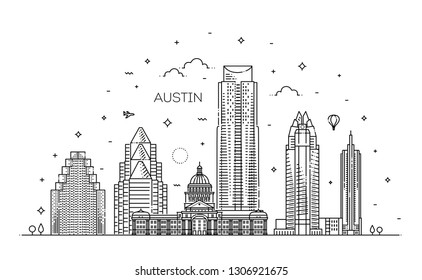 Austin architecture line skyline illustration. Linear vector cityscape with famous landmarks