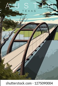 Austin Bridge Modern Vector Illustration. Austin, Texas Landscape Poster.