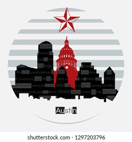 Austin city, capital of Texas silhouette against the sun. Vector round label.