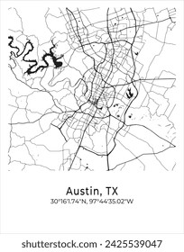 Stadtplan von Austin. Reiseposter Vektor-Illustration mit Koordinaten. Austin, Texas, Vereinigte Staaten von Amerika Karte im Lichtmodus.