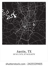 Austin city map. Travel poster vector illustration with coordinates. Austin, Texas, The United States of America Map in dark mode.