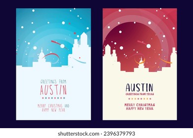 Austin city poster with Christmas skyline, cityscape, landmarks. Winter USA holiday, New Year vertical vector layout for Texas state brochure, website, flyer, leaflet, card
