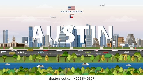 Austin city skyline colorful vector illustration. Travel poster