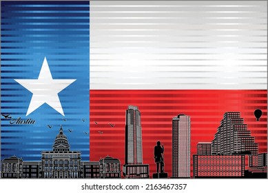 Austin city skyline with flag of Texas on background - illustration