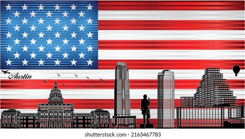 Austin city skyline with flag of USA on background - illustration