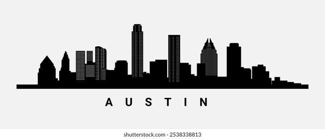 Austin Stadt Skyline Silhouette schwarzen Hintergrund. Minimalistische Austin Skyline mit ikonischen Gebäuden USA Innenstadt