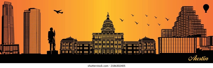 Austin city skyline silhouette - illustration, 
Town in orange background