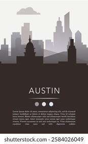 Austin city template for website, presentation, front page, invitation, publication sheet with skyline, landmarks. Vector Texas, USA image layout, simple and grayscale