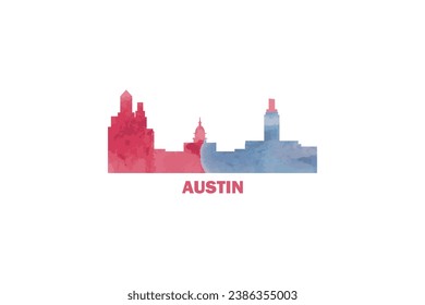 Austin city US watercolor cityscape skyline panorama vector flat modern logo icon. USA, Texas state of America emblem with landmarks and building silhouettes. Isolated red and blue graphic