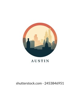 Austin Cityscape, Vektorgrafik-Gradienten-Abzeichen, flaches Skyline-Logo, Ikone. USA, Texas Stadt rund Emblem Idee mit Wahrzeichen und Bausilhouetten. Isolierte abstrakte Grafik