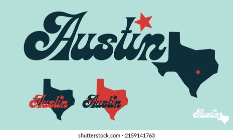 Austin in cursive with state map on ocean blue background can be use for advertisement banner website template souvernier printing coffee mug cap T-shirt printing