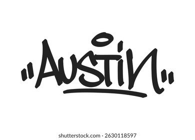 Austin graffiti tag in bold black lettering on white background. Clean urban style, perfect for music, tech culture, and creative projects with vibrant street art vibes.