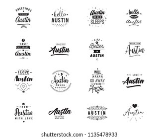 Austin. Greeting cards, vector design. Isolated logos. Typography set.