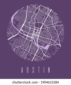 Austin map poster. Decorative design street map of Austin city. Cityscape aria panorama silhouette aerial view, typography style. Land, river, highways, avenue. Round circular vector illustration.