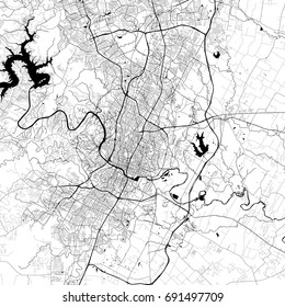 Austin Monochrome Vector Map. Very large and detailed outline Version on White Background. Black Highways and Railroads, Streets and Water.