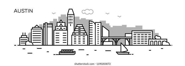 Austin panorama city. Flat line style. For banner, presentation, cards, web page. Vector illustration