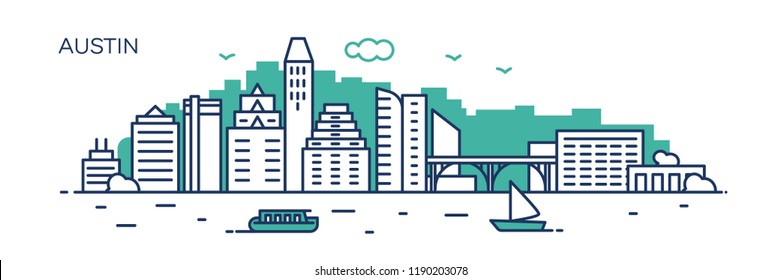 Austin panorama city. Flat line style. For banner, presentation, cards, web page. Vector illustration