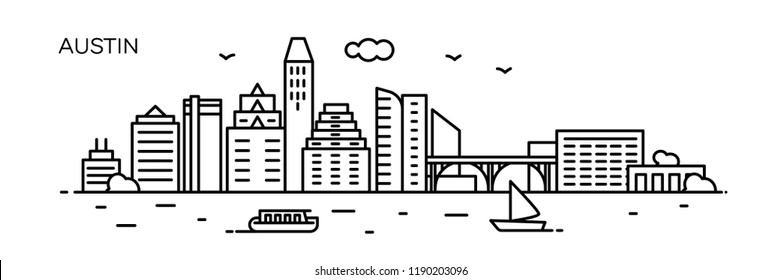 Austin panorama Stadt. Flacher Linienstil. Für Banner, Präsentation, Karten, Webseite. Vektorillustration