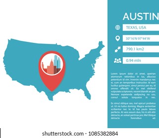 Austin pin point map shape vector infographics template. Modern city data statistic isolated illustration