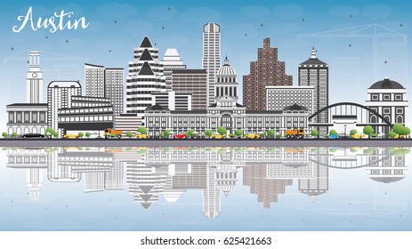 Austin Skyline with Gray Buildings, Blue Sky and Reflections. Vector Illustration. Business Travel and Tourism Concept with Modern Architecture. Image for Presentation Banner Placard and Web Site.