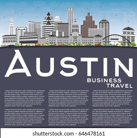 Austin Skyline with Gray Buildings, Blue Sky and Copy Space. Vector Illustration. Business Travel and Tourism Concept with Modern Architecture. Image for Presentation Banner Placard and Web Site.