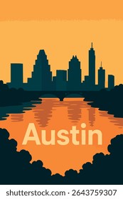 The Austin skyline is illuminated by the warm colors of the sunset, with the Colorado River flowing peacefully beneath. This scene captures the charm of the Texas capital as day transitions into night