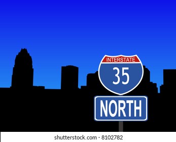 Austin Skyline With Interstate 35 Sign Illustration