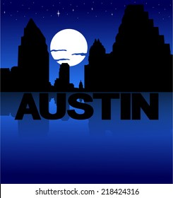 Línea aérea de Austin reflejada con texto e ilustración vectorial de la luna