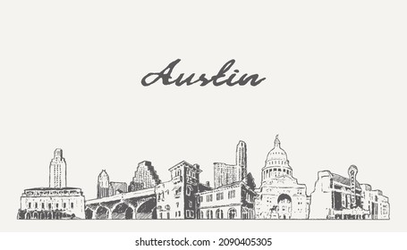 Austin skyline, Texas, USA, handgezeichnete Vektorgrafik, Skizze