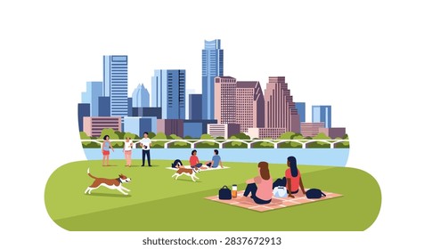 Austin skyline vector with people relaxing in the city park