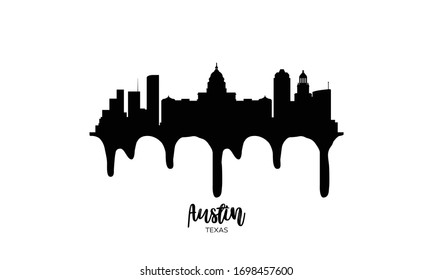 Austin Texas black skyline silhouette vector illustration on white background with dripping ink effect.