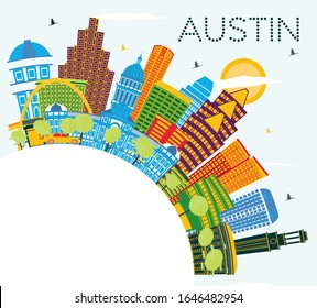 Austin Texas City Skyline with Color Buildings, Blue Sky and Copy Space. Vector Illustration. Business Travel and Tourism Concept with Modern Architecture. Austin Cityscape with Landmarks.