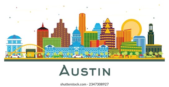 Austin Texas Stadt Skyline mit Color Buildings einzeln auf weiß. Vektorgrafik. Business Travel and Tourism Konzept mit moderner Architektur. Austin City mit Sehenswürdigkeiten.