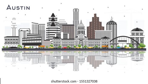 Austin Texas City Skyline with Gray Buildings and Reflections Isolated on White. Vector Illustration. Business Travel and Tourism Concept with Modern Architecture. Austin USA Cityscape with Landmarks.