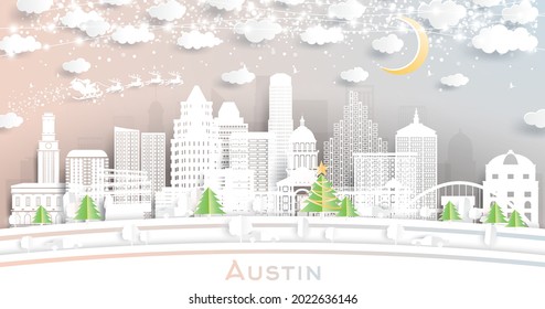 Austin Texas City Skyline in Paper Cut Style with Snowflakes, Moon and Neon Garland. Vector Illustration. Christmas and New Year Concept. Santa Claus on Sleigh. Austin USA Cityscape.